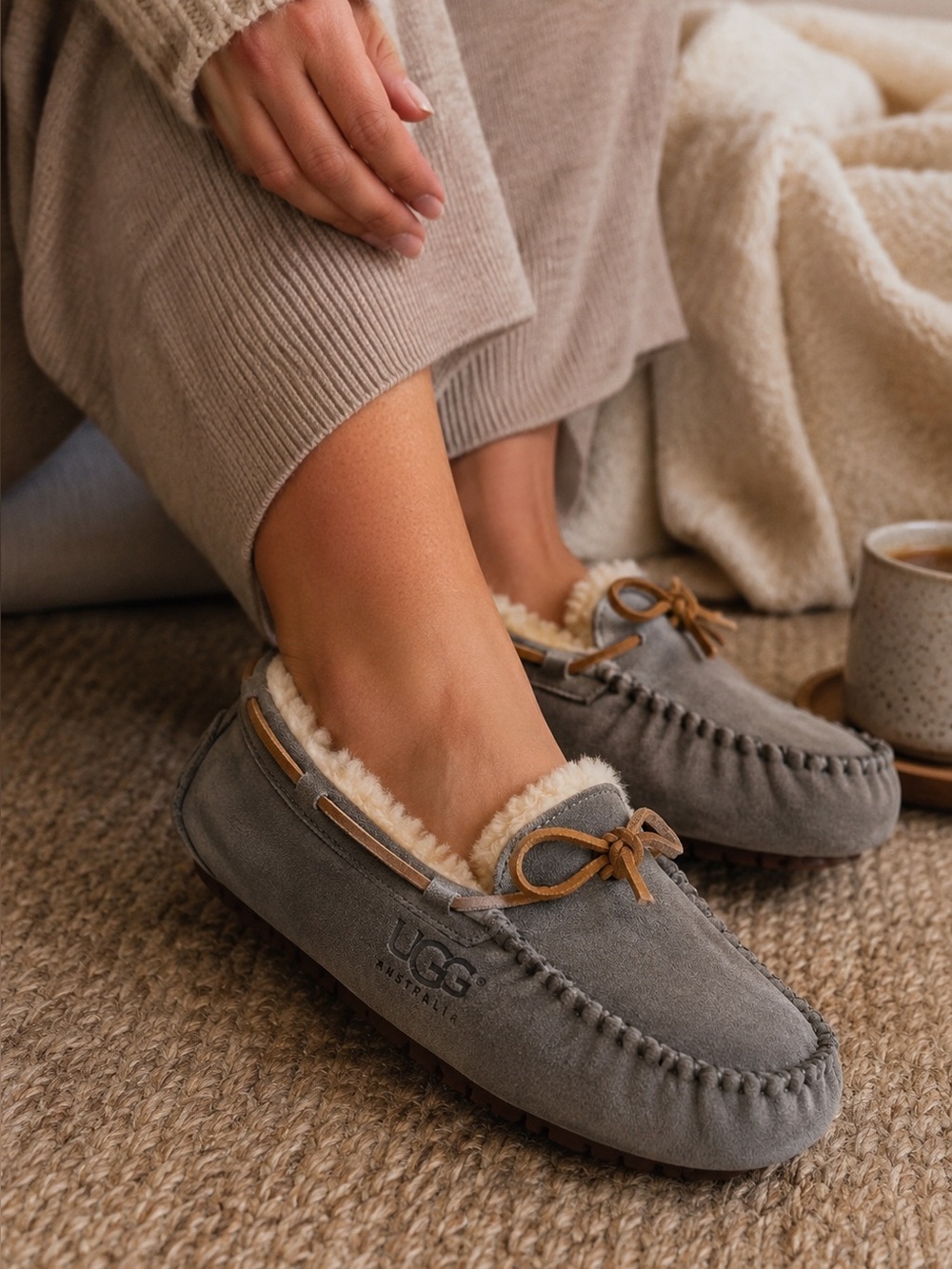 UGG Australia Gray Suede Moccasin Slippers with Cream Shearling woman’s size 9